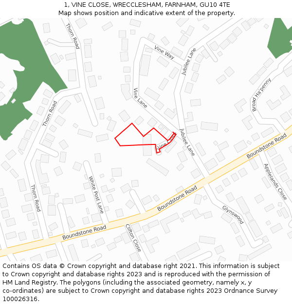 1, VINE CLOSE, WRECCLESHAM, FARNHAM, GU10 4TE: Location map and indicative extent of plot