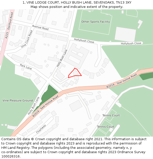 1, VINE LODGE COURT, HOLLY BUSH LANE, SEVENOAKS, TN13 3XY: Location map and indicative extent of plot