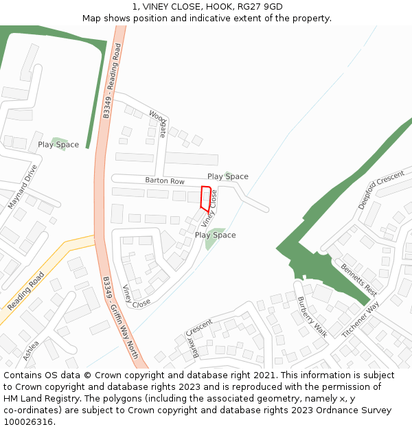 1, VINEY CLOSE, HOOK, RG27 9GD: Location map and indicative extent of plot