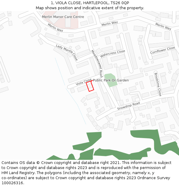 1, VIOLA CLOSE, HARTLEPOOL, TS26 0QP: Location map and indicative extent of plot