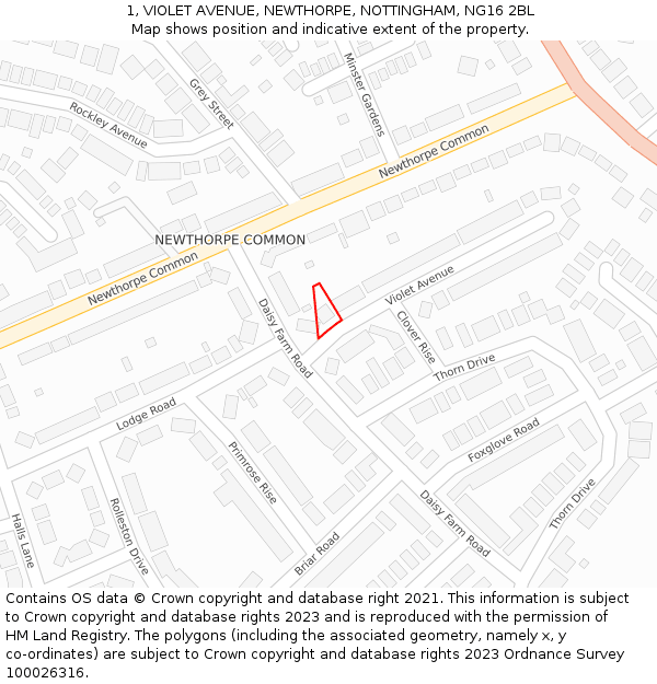 1, VIOLET AVENUE, NEWTHORPE, NOTTINGHAM, NG16 2BL: Location map and indicative extent of plot