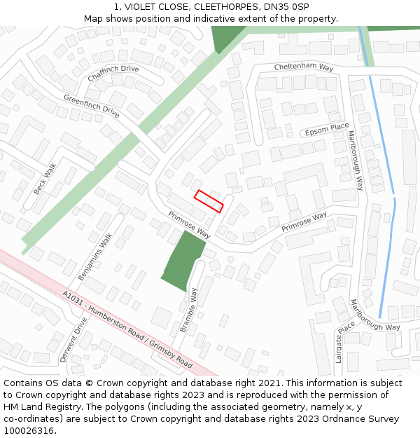 1, VIOLET CLOSE, CLEETHORPES, DN35 0SP: Location map and indicative extent of plot