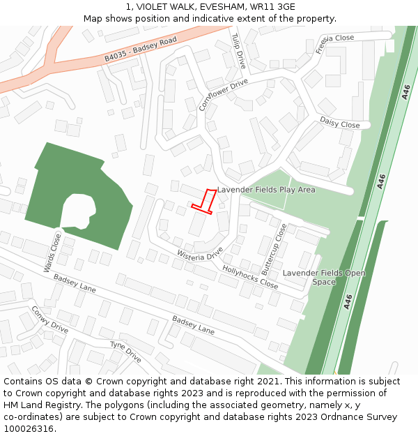 1, VIOLET WALK, EVESHAM, WR11 3GE: Location map and indicative extent of plot