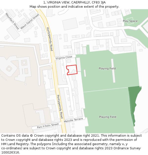 1, VIRGINIA VIEW, CAERPHILLY, CF83 3JA: Location map and indicative extent of plot