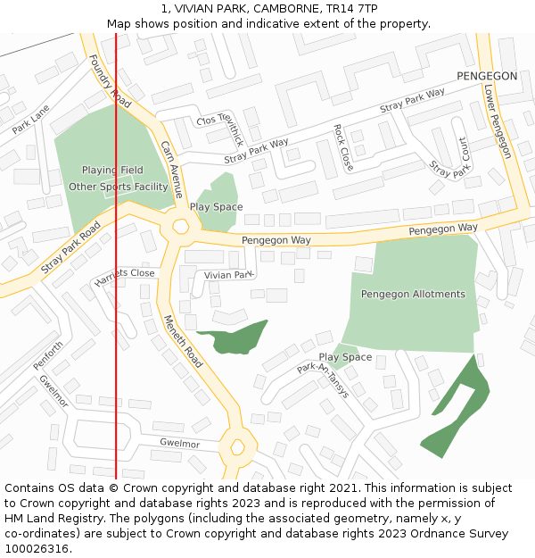 1, VIVIAN PARK, CAMBORNE, TR14 7TP: Location map and indicative extent of plot