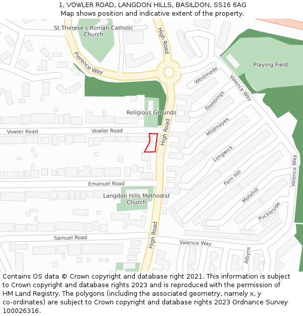 1, VOWLER ROAD, LANGDON HILLS, BASILDON, SS16 6AG: Location map and indicative extent of plot