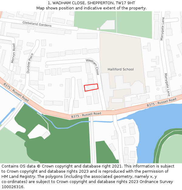 1, WADHAM CLOSE, SHEPPERTON, TW17 9HT: Location map and indicative extent of plot