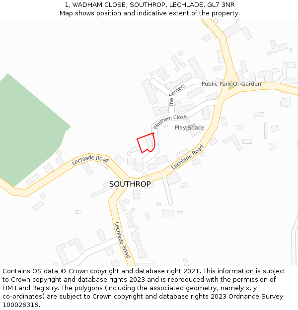 1, WADHAM CLOSE, SOUTHROP, LECHLADE, GL7 3NR: Location map and indicative extent of plot