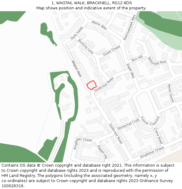 1, WAGTAIL WALK, BRACKNELL, RG12 8DS: Location map and indicative extent of plot