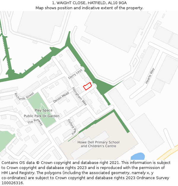 1, WAIGHT CLOSE, HATFIELD, AL10 9GA: Location map and indicative extent of plot