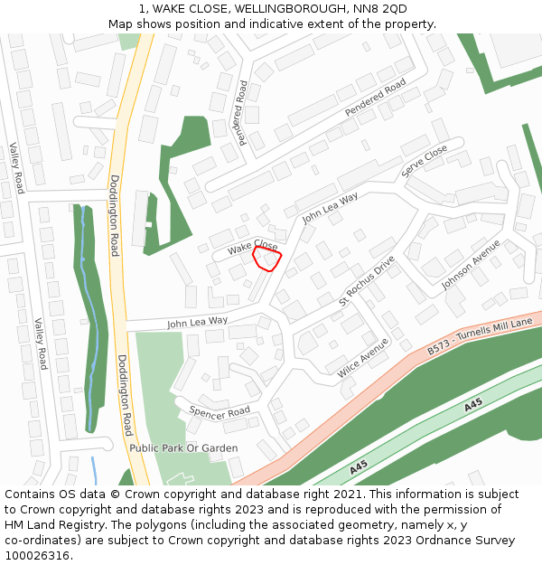 1, WAKE CLOSE, WELLINGBOROUGH, NN8 2QD: Location map and indicative extent of plot