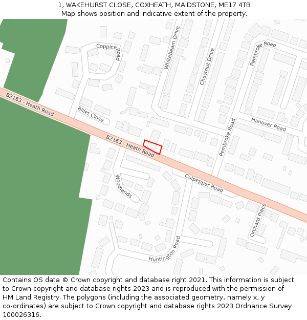 1, WAKEHURST CLOSE, COXHEATH, MAIDSTONE, ME17 4TB: Location map and indicative extent of plot