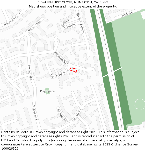 1, WAKEHURST CLOSE, NUNEATON, CV11 4YF: Location map and indicative extent of plot