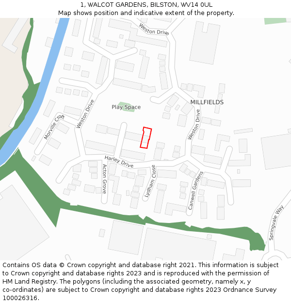 1, WALCOT GARDENS, BILSTON, WV14 0UL: Location map and indicative extent of plot