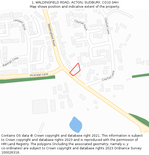 1, WALDINGFIELD ROAD, ACTON, SUDBURY, CO10 0AH: Location map and indicative extent of plot