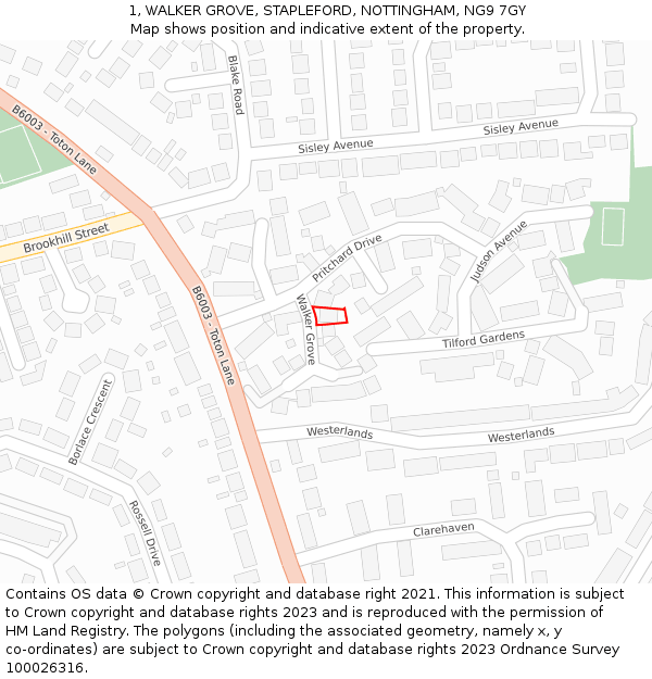 1, WALKER GROVE, STAPLEFORD, NOTTINGHAM, NG9 7GY: Location map and indicative extent of plot