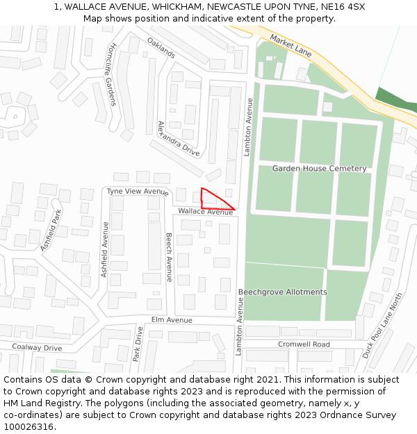 1, WALLACE AVENUE, WHICKHAM, NEWCASTLE UPON TYNE, NE16 4SX: Location map and indicative extent of plot