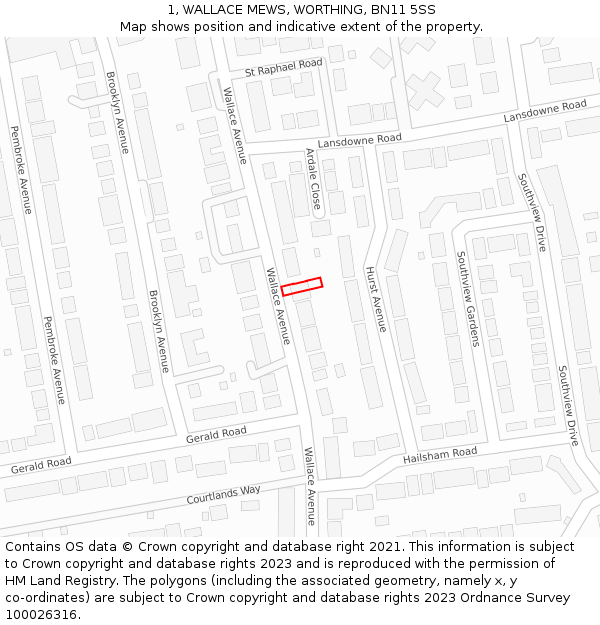 1, WALLACE MEWS, WORTHING, BN11 5SS: Location map and indicative extent of plot