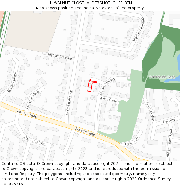 1, WALNUT CLOSE, ALDERSHOT, GU11 3TN: Location map and indicative extent of plot