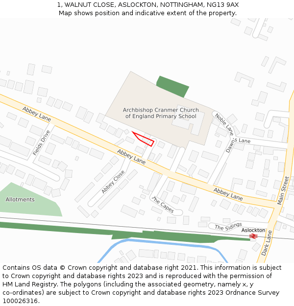 1, WALNUT CLOSE, ASLOCKTON, NOTTINGHAM, NG13 9AX: Location map and indicative extent of plot