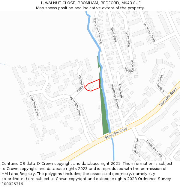 1, WALNUT CLOSE, BROMHAM, BEDFORD, MK43 8UF: Location map and indicative extent of plot