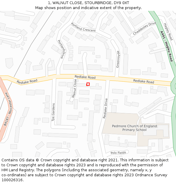 1, WALNUT CLOSE, STOURBRIDGE, DY9 0XT: Location map and indicative extent of plot