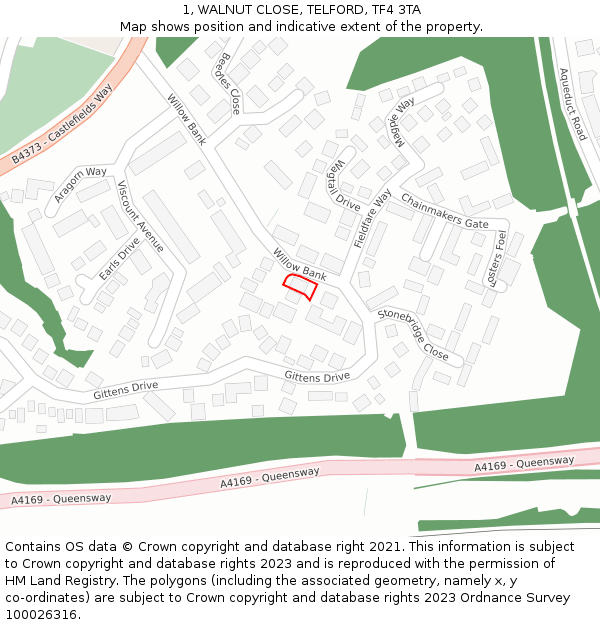 1, WALNUT CLOSE, TELFORD, TF4 3TA: Location map and indicative extent of plot