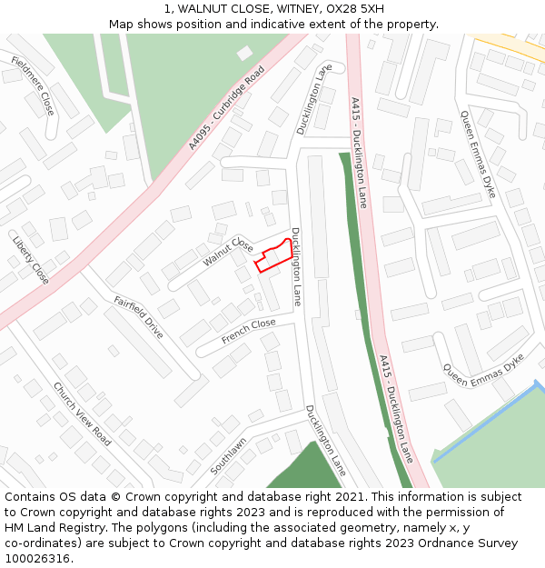 1, WALNUT CLOSE, WITNEY, OX28 5XH: Location map and indicative extent of plot