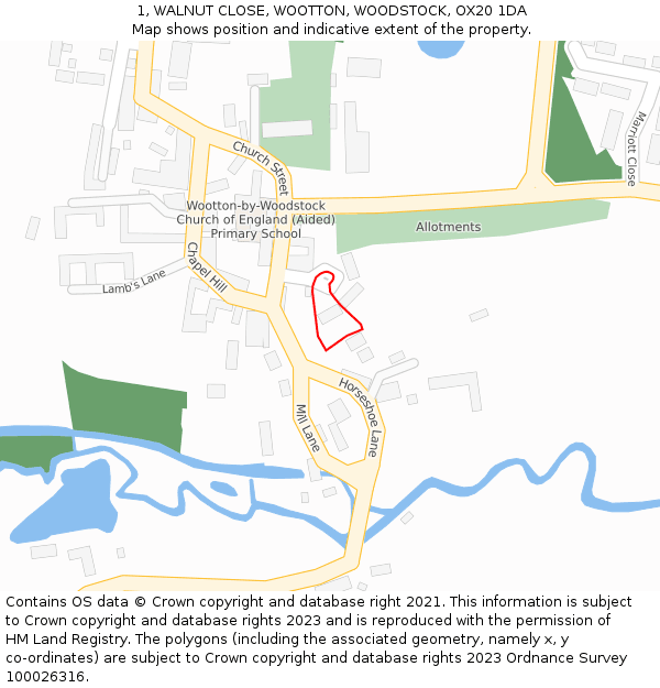 1, WALNUT CLOSE, WOOTTON, WOODSTOCK, OX20 1DA: Location map and indicative extent of plot