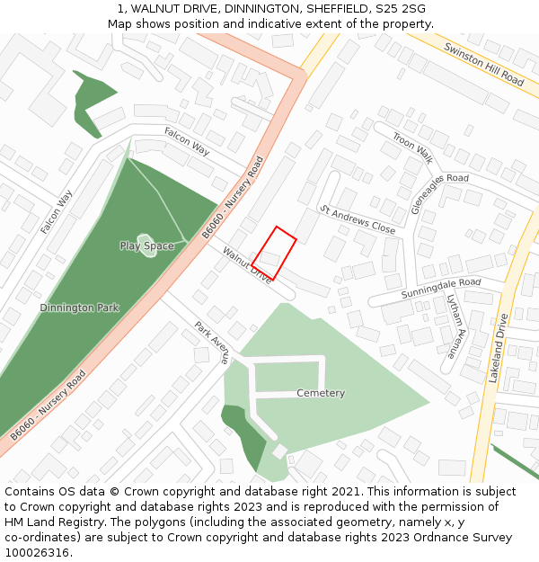 1, WALNUT DRIVE, DINNINGTON, SHEFFIELD, S25 2SG: Location map and indicative extent of plot