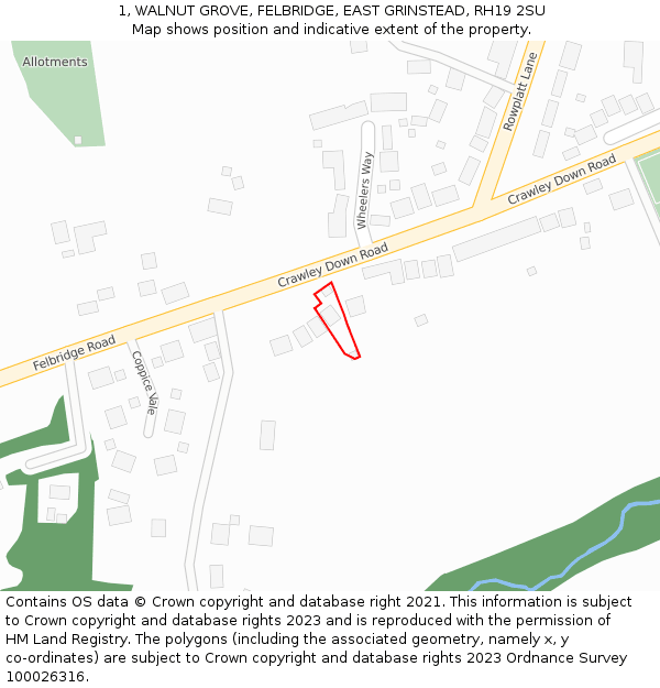 1, WALNUT GROVE, FELBRIDGE, EAST GRINSTEAD, RH19 2SU: Location map and indicative extent of plot
