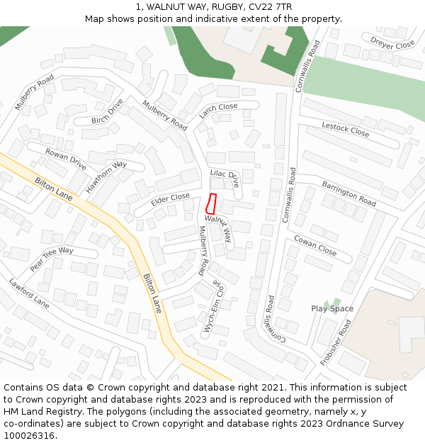1, WALNUT WAY, RUGBY, CV22 7TR: Location map and indicative extent of plot