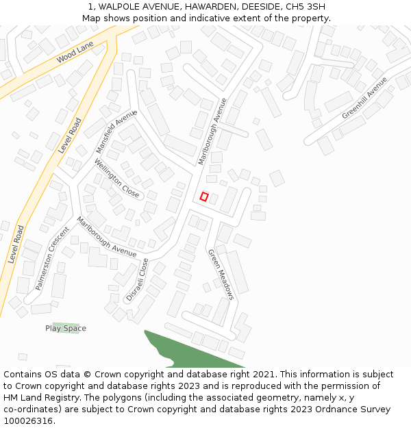 1, WALPOLE AVENUE, HAWARDEN, DEESIDE, CH5 3SH: Location map and indicative extent of plot