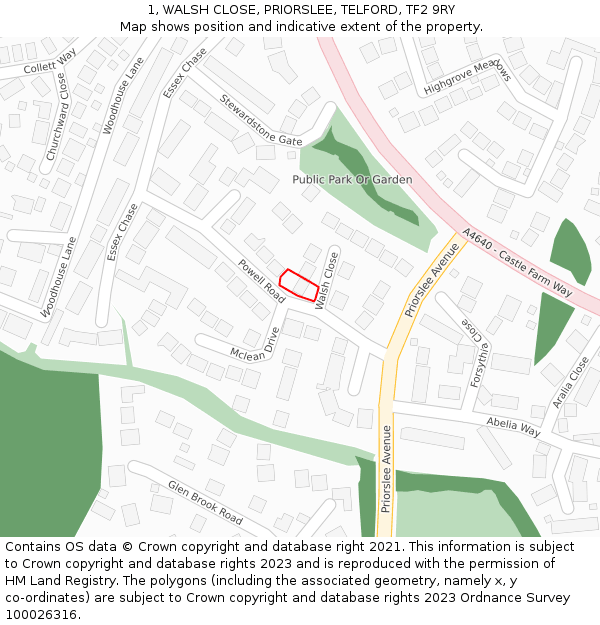 1, WALSH CLOSE, PRIORSLEE, TELFORD, TF2 9RY: Location map and indicative extent of plot