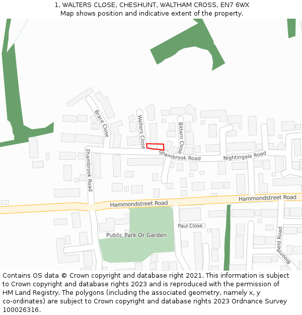 1, WALTERS CLOSE, CHESHUNT, WALTHAM CROSS, EN7 6WX: Location map and indicative extent of plot