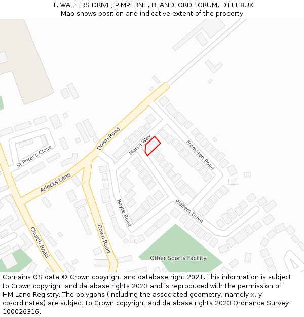 1, WALTERS DRIVE, PIMPERNE, BLANDFORD FORUM, DT11 8UX: Location map and indicative extent of plot