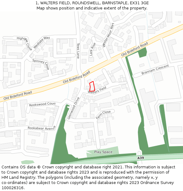 1, WALTERS FIELD, ROUNDSWELL, BARNSTAPLE, EX31 3GE: Location map and indicative extent of plot