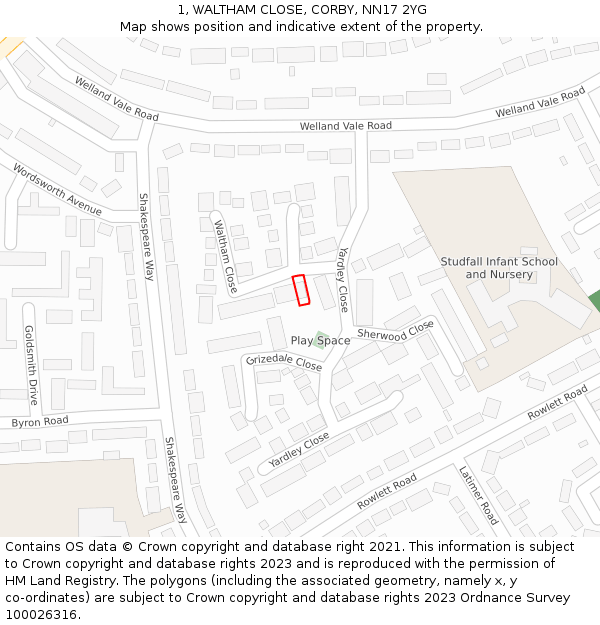 1, WALTHAM CLOSE, CORBY, NN17 2YG: Location map and indicative extent of plot