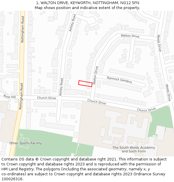1, WALTON DRIVE, KEYWORTH, NOTTINGHAM, NG12 5FN: Location map and indicative extent of plot