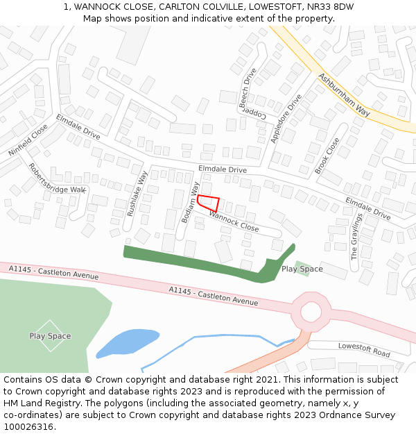 1, WANNOCK CLOSE, CARLTON COLVILLE, LOWESTOFT, NR33 8DW: Location map and indicative extent of plot