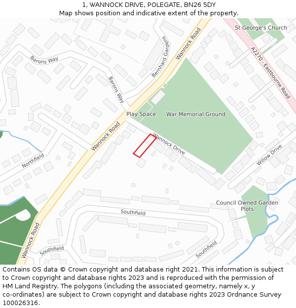 1, WANNOCK DRIVE, POLEGATE, BN26 5DY: Location map and indicative extent of plot
