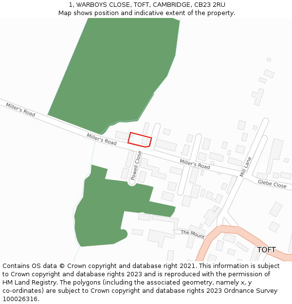 1, WARBOYS CLOSE, TOFT, CAMBRIDGE, CB23 2RU: Location map and indicative extent of plot