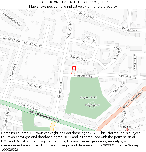 1, WARBURTON HEY, RAINHILL, PRESCOT, L35 4LE: Location map and indicative extent of plot