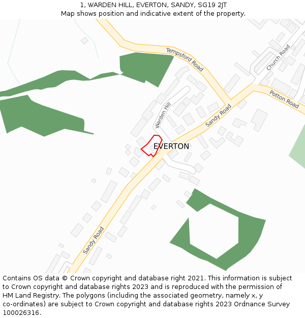 1, WARDEN HILL, EVERTON, SANDY, SG19 2JT: Location map and indicative extent of plot