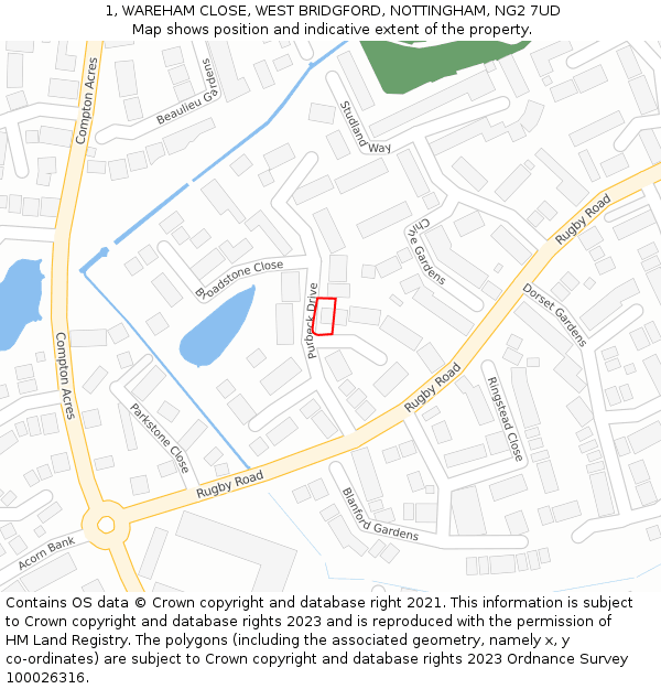 1, WAREHAM CLOSE, WEST BRIDGFORD, NOTTINGHAM, NG2 7UD: Location map and indicative extent of plot