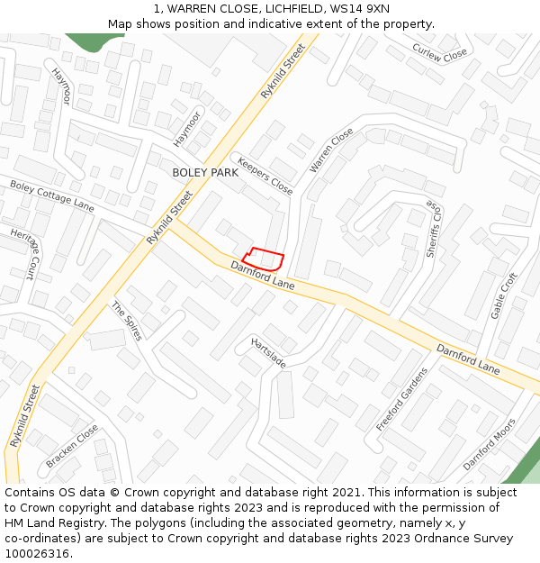 1, WARREN CLOSE, LICHFIELD, WS14 9XN: Location map and indicative extent of plot