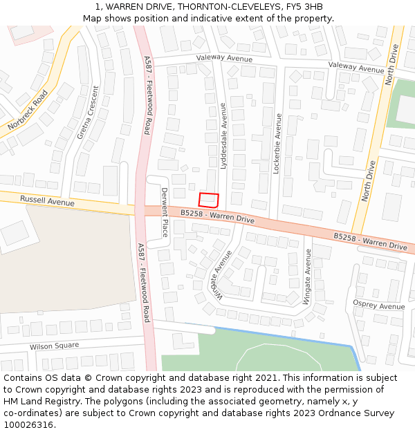 1, WARREN DRIVE, THORNTON-CLEVELEYS, FY5 3HB: Location map and indicative extent of plot