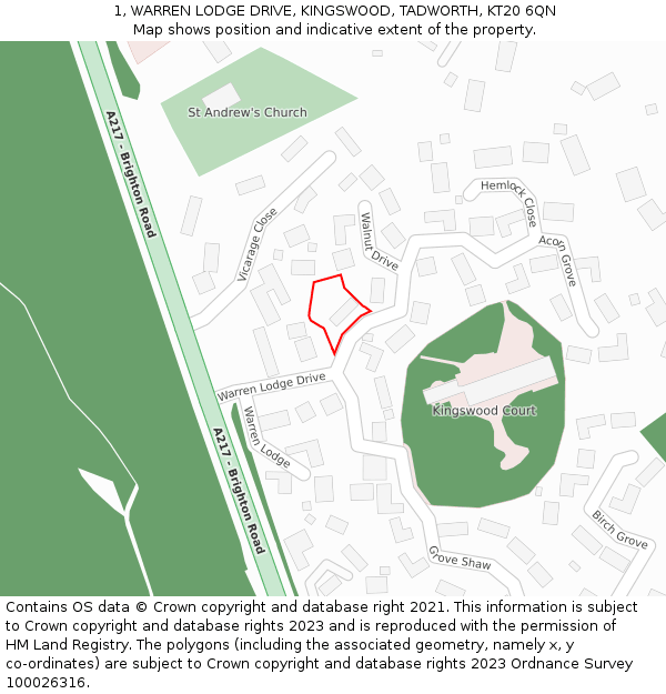 1, WARREN LODGE DRIVE, KINGSWOOD, TADWORTH, KT20 6QN: Location map and indicative extent of plot