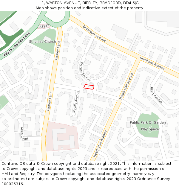 1, WARTON AVENUE, BIERLEY, BRADFORD, BD4 6JG: Location map and indicative extent of plot