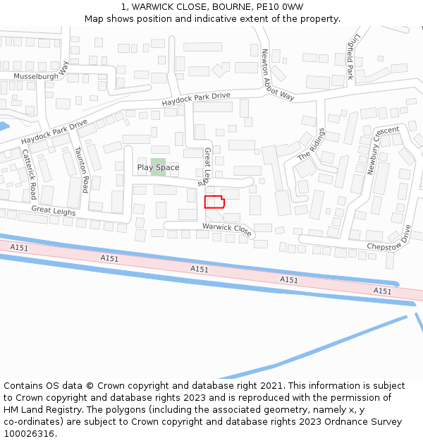 1, WARWICK CLOSE, BOURNE, PE10 0WW: Location map and indicative extent of plot